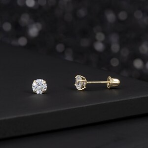 14K Solid Yellow Gold 3mm Round AAA CZ Birthstone Stud Screw Back Earrings - Lab-Created