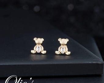 Dainty 14k Gold Teddy Bear Stud Earrings for Girls - Teddy Bear Children's Studs, 14k Solid Gold Screw Back, Fun Kids Gift for Granddaughter