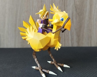 May include: A yellow origami-style figure of a Chocobo from the Final Fantasy video game series. A small figure of Cloud Strife is riding on the Chocobo's back.
