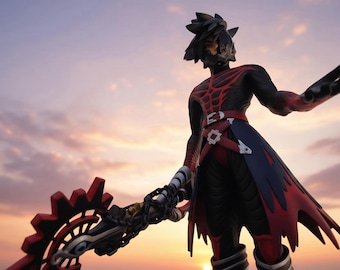 May include: A detailed figurine of a character in a black and red outfit, holding a large, ornate weapon with a gear-like design. The figure is set against a sunset sky, showcasing its intricate details.