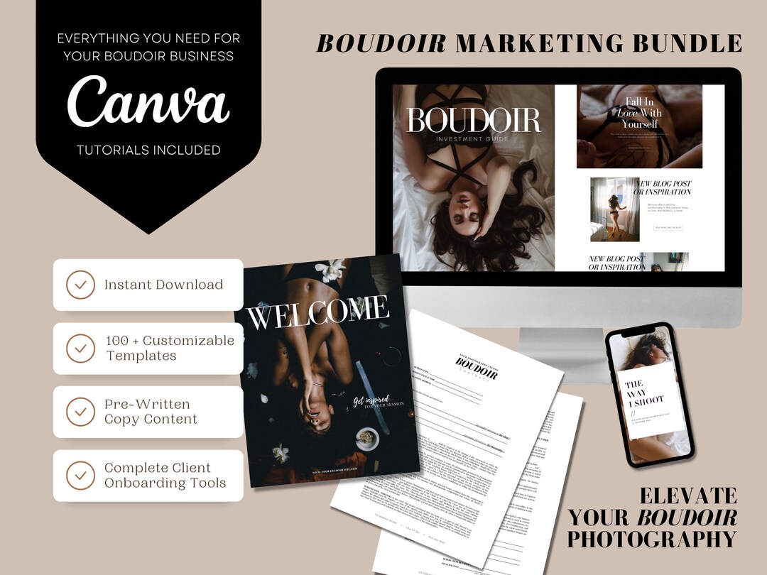 BUNDLE Boudoir Photography Business Marketing Highend Magazine Style Canva Templates, Client On