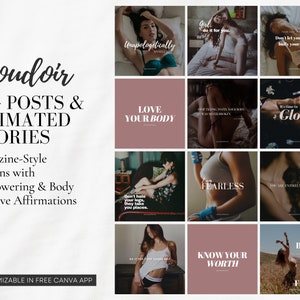 20+ Empowering, Body Positive, Self-Love Boudoir Instagram Social Media Posts, Feminine Inspirational Animated Stories Templates for Canva