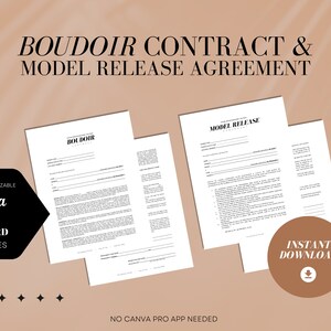 Puede incluir: Una descarga digital de una plantilla de contrato de boudoir y acuerdo de liberación de modelo personalizable. La plantilla está disponible en los formatos Canva y MS Word. El texto "DESCARGA INSTANTÁNEA" se muestra en un círculo marrón con un icono de descarga.
