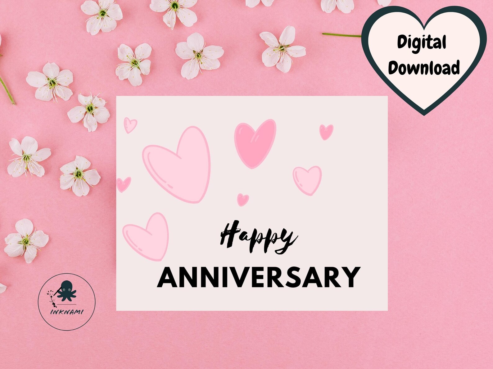 Printable Happy Anniversary Card | Pink Heart Anniversary Card- Instant ...
