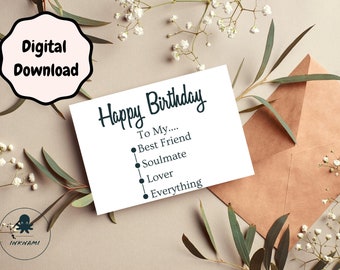 Printable Happy Birthday Card for Partner - Instant Download 7x5in Blank Card | Sweet Birthday Card