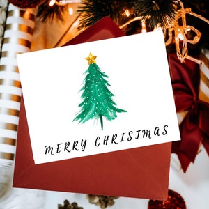Cartão de Feliz Natal simples para impressão - Download instantâneo Cartão em branco de 7 x 5 polegadas - Cartão bonito da árvore de Natal - Árvore de Natal em cor de água - S