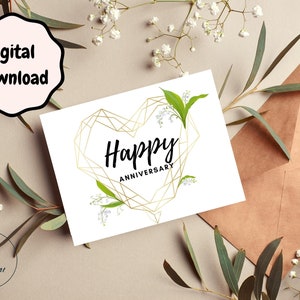 Tarjeta de feliz aniversario imprimible / Tarjeta de aniversario de corazón moderno- Descarga instantánea de tarjeta en blanco de 7x5 pulgadas