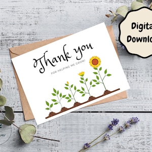 Printable Thank You For Helping Me Grow Card - Instant Download 7x5in Blank Card - Mentor Card, Helping Me Grow Printable Digital Card