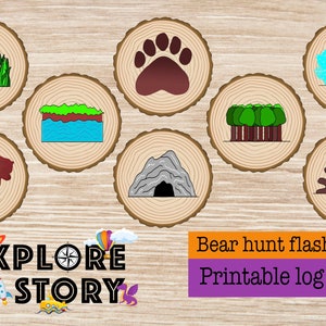 May include: Printable bear hunt flash cards featuring images of a bear paw print, a cave, a river, a forest, a log, grass, and snow. The cards are printed on wood-like circles with the text "Explore a Story" at the bottom.