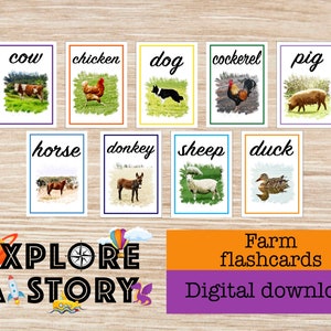 Cartões flash de animais de fazenda. Montessoriano. Educação pré-escolar e infantil. Jardim da infância. Recursos para necessidades especiais. Download. Imprimível.