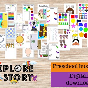 以下が含まれることがあります： さまざまなアクティビティが掲載された、カラフルな未就学児向けアクティビティブックのページ集。マッチング、トレース、塗り絵など。画像には「Explore a Story」と「Preschool busy book - Digital download」の文字が含まれています。