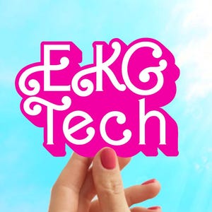 May include: A hand holding a pink sticker with the words "EKG Tech" in white script. The sticker is cloud-shaped and set against a bright blue sky with sun rays.