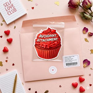 May include: A red cupcake sticker in a clear plastic bag with the words "Avoidant Attachment". The sticker is inside a pink envelope with a notepad that says "Self Love Club". Scattered around are heart-shaped candies and confetti.