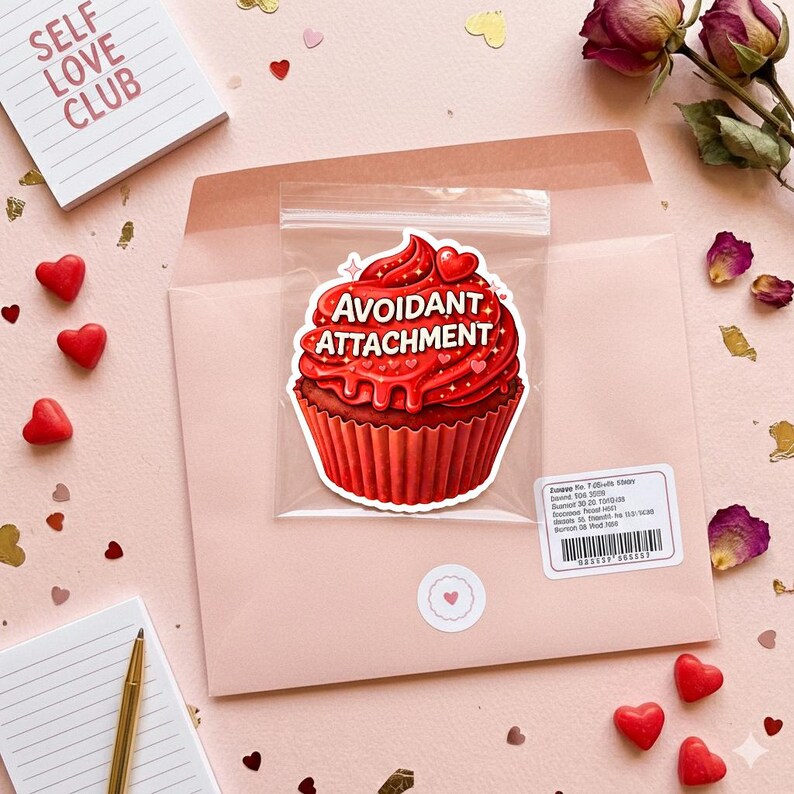 May include: A red cupcake sticker in a clear plastic bag with the words "Avoidant Attachment". The sticker is inside a pink envelope with a notepad that says "Self Love Club". Scattered around are heart-shaped candies and confetti.