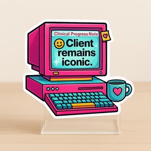 Puede incluir: Una pegatina con un ordenador retro rosa y turquesa. La pantalla muestra "Client remains iconic." Una taza turquesa con un coraz&oacute;n est&aacute; al lado del ordenador. Una nota adhesiva amarilla con un coraz&oacute;n est&aacute; pegada al monitor.