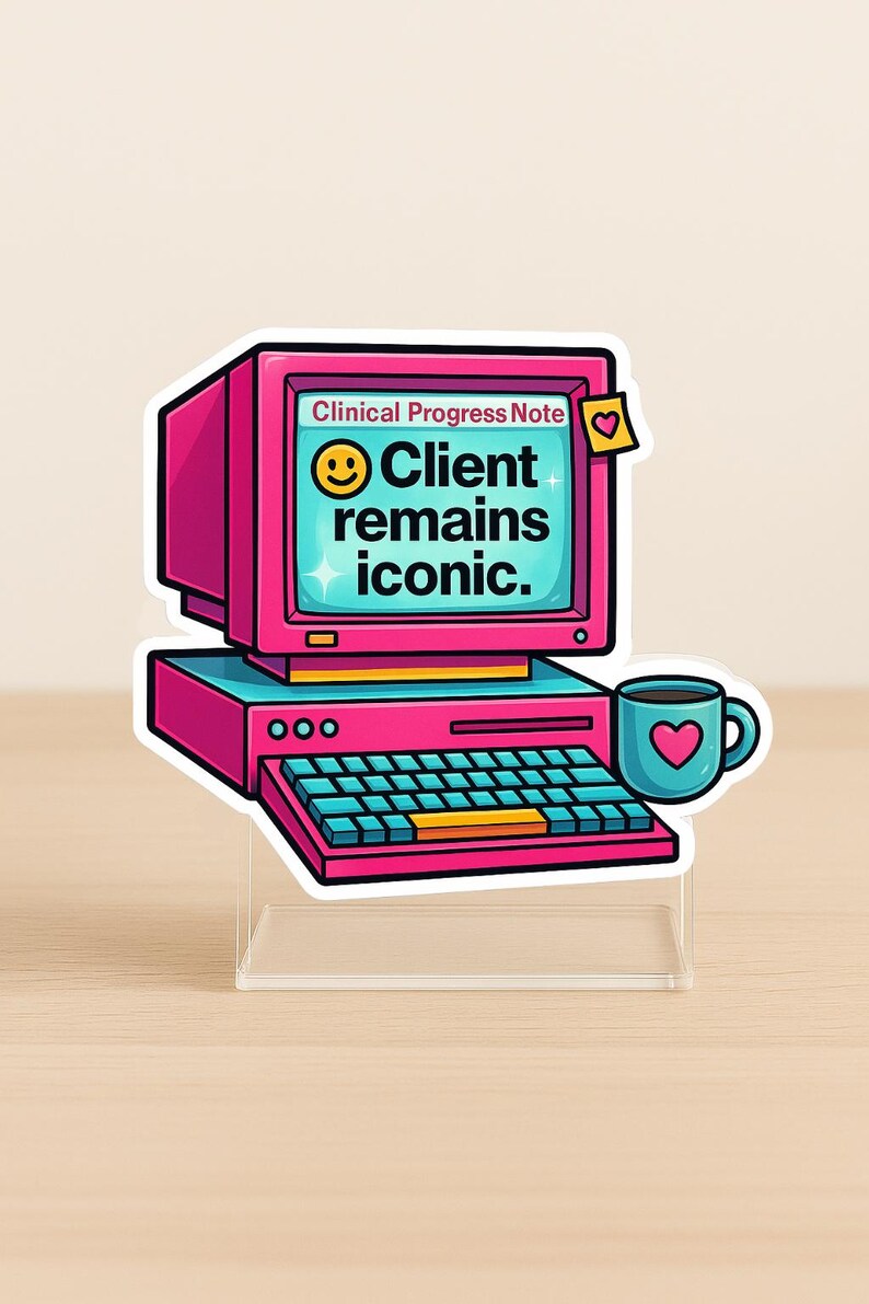 Puede incluir: Una pegatina con un ordenador retro rosa y turquesa. La pantalla muestra "Client remains iconic." Una taza turquesa con un coraz&oacute;n est&aacute; al lado del ordenador. Una nota adhesiva amarilla con un coraz&oacute;n est&aacute; pegada al monitor.