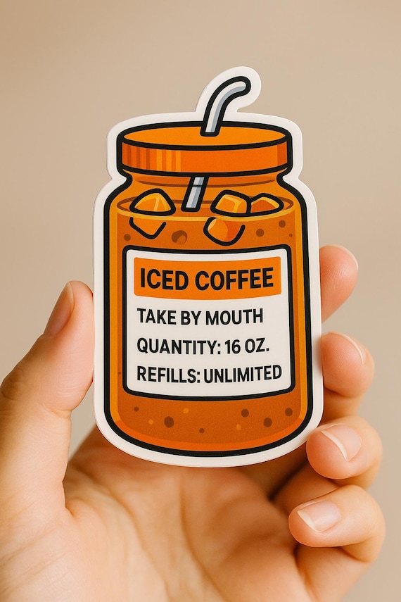 Iced Coffee Prescription Bottle Sticker: Funny Caffeine Addict Vinyl