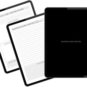 Puede incluir: Tres planificadores digitales sobre un fondo blanco. El primer planificador se titula "Temas para la supervisión" y tiene secciones para "Top Three" y "Preguntas clínicas". El segundo planificador se titula "Notas de supervisión" y tiene secciones para "Preguntas de formación", "Administrativo" y "Finalizar antes". El tercer planificador es una pantalla negra con el texto "Notas de supervisión."