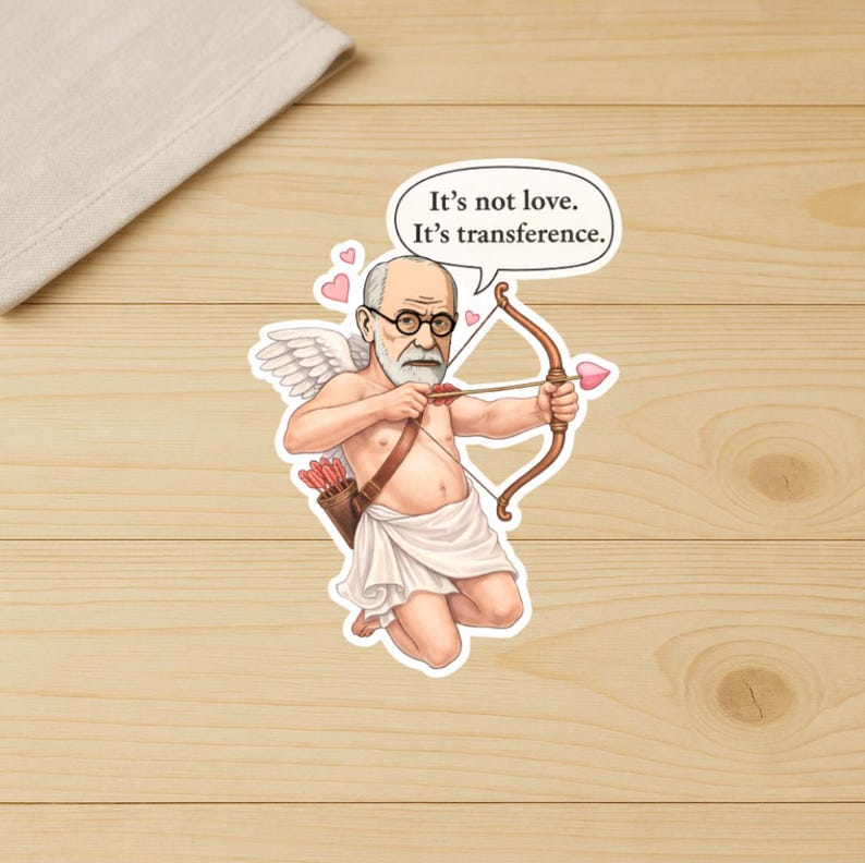 May include: A sticker featuring a cartoon of Sigmund Freud as Cupid, with wings and a bow and arrow. The speech bubble says, "It's not love. It's transference."