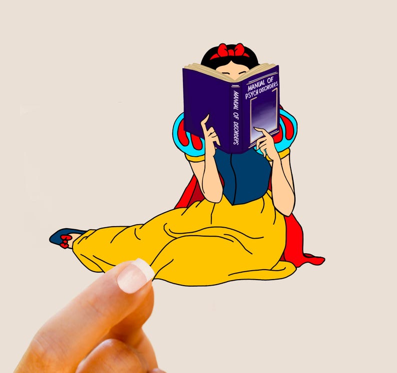May include: A cartoon illustration of a princess wearing a yellow dress and a red cape, reading a book titled "Manual of Psych Disorders".