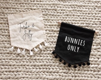 Custom Text Banner | Personalised Pet or Kids Name Wall Bunting Banner Decor Cute Flag Natural Beige Black Cotton with Tassle or Pom Pom