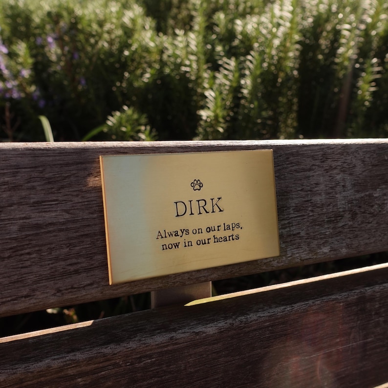 May include: A gold-colored plaque with the name "DIRK" and the inscription "Always on our laps, now in our hearts." The plaque is affixed to a wooden bench, with a blurred green background of foliage.
