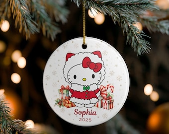 Gepersonaliseerde Kitty Ornament, Hello Christmas Ornament, Custom Kitty Kerstcadeau, Navidad, Dochter, Meisje, Kerstdeco, Kawaii Cartoon