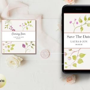 Peut inclure: Une carte de sauvegarde de date numérique avec un motif floral. La carte indique "Save The Date" avec les noms "Laura & Jon" et la date "06-02-22".