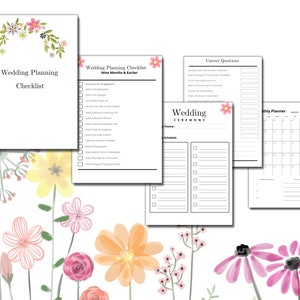 May include: A printable wedding planning checklist with floral accents. The checklist includes sections for nine months and earlier, ceremony, caterer questions, and a monthly planner.