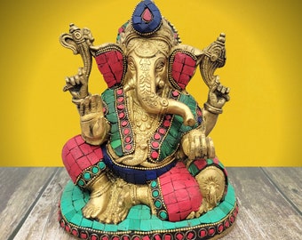 Messing Ganesha standbeeld, messing Ganesh standbeeld met stenen werk, hindoeïstische olifant God godheid, gelukscadeau voor een nieuw begin.