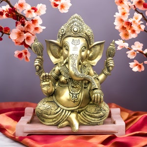 Ganesha Statue Large with Mosaic, Large Size Brass Ganesh Sculpture, House warming gift, Hindu wedding gift.