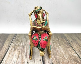 Relaxing Ganesha Brass Swing Rocking chair Ganesha with reading book statue - God luck god Ganeshji for decor