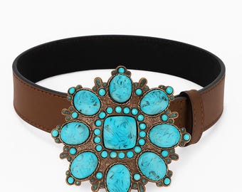 Boho Western Turquoise Belt Cowgirl Brown Statement Buckle Genuine Leather Voenkca Western-Belt Woman Turquoise-Cowgirl-Belts for Jeans  main image 3