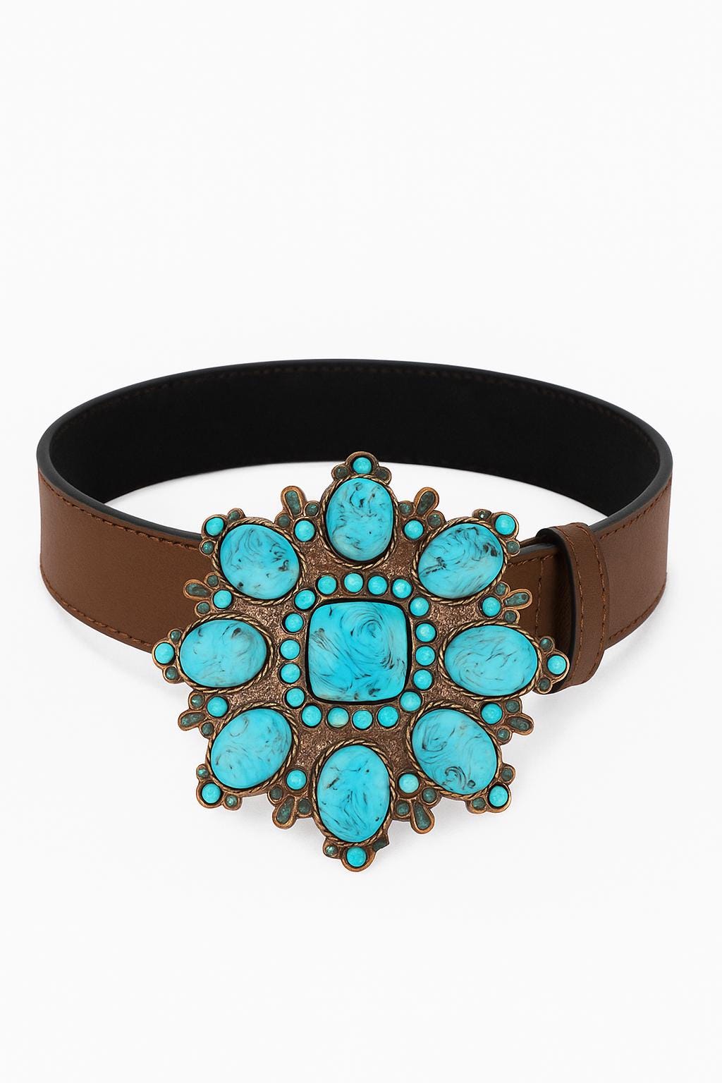 Western Brown Leather Belt – Vintage Turquoise Cluster  display picture 2