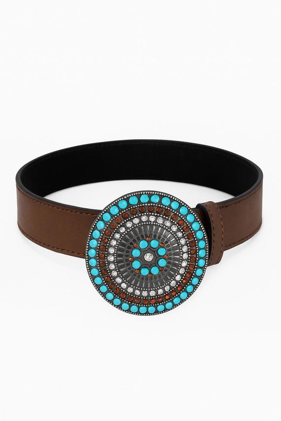 Western Turquoise Mandala Buckle Belt – Brown Leather  display picture 1