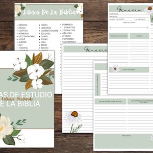 Op de afbeelding: Een printbaar Bijbelstudiejournaal met een bloemenontwerp. De omslag heeft een groene achtergrond met witte bloemen en bruine bladeren. De titel "Notas de Estudio Estudio Profundo de la Biblia" is geschreven in oranje en bruin. Het journaal bevat pagina's om aantekeningen te maken, favoriete verzen te registreren en na te denken over de Bijbel.