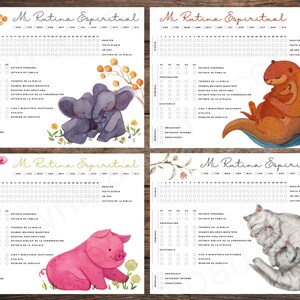 Könnte beinhalten: Vier druckbare Blätter mit einem Aquarelldesign von Tieren. Jedes Blatt enthält eine Checkliste mit dem Titel "Mi Rutina Espiritual" mit einer Liste spiritueller Aktivitäten, die jeden Tag zu erledigen sind. Die Tiere sind ein Elefantenpaar, ein Otter, ein Schwein und eine Katze.