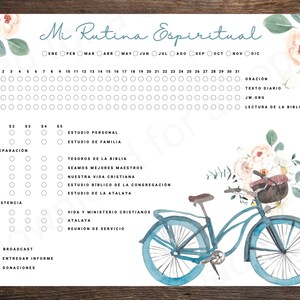 May include: A printable spiritual routine tracker with a floral design and a blue bicycle illustration. The tracker includes daily, weekly, and monthly sections with checkboxes for various spiritual activities, such as prayer, Bible reading, and personal study.