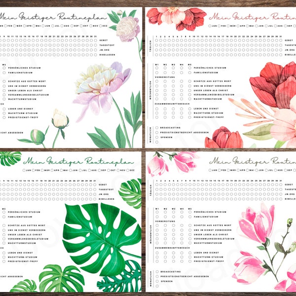 JW Mein Geistiger Routineplan | Blumenmuster | German Duetsch | Jehovas Zeugen | Druckbarer digitaler Download