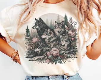 Wolf Pack Shirt, Floral Wolf, Vintage, Comfort Colours, Oversized Shirt, Wolf Lover Gift, Peonies, Flowers, Dark Academia, Mystical