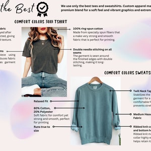 May include: A comparison of a t-shirt and sweatshirt with details about the fabric and construction. The t-shirt is a dark grey color and the sweatshirt is a light blue color. The text "Comfort Colors 3001 T-shirt" and "Comfort Colors Sweatshirt" is included in the image.