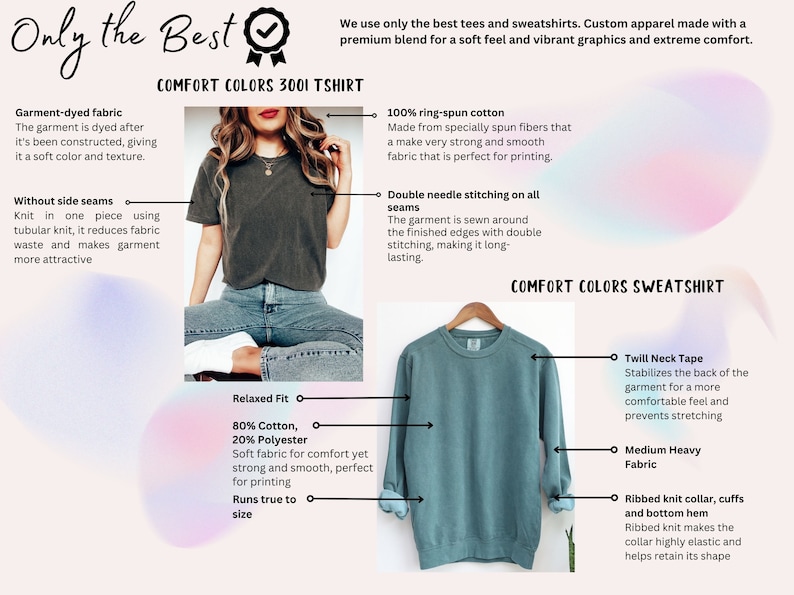 May include: A comparison of a t-shirt and sweatshirt with details about the fabric and construction. The t-shirt is a dark grey color and the sweatshirt is a light blue color. The text "Comfort Colors 3001 T-shirt" and "Comfort Colors Sweatshirt" is included in the image.