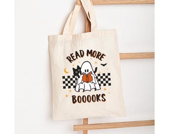Reading Ghost Halloween Tote Bag, Read More Books, Ghost & Black Cat, Halloween Trick Or Treat Tote, Trick Or Treat Bag, Library Bag