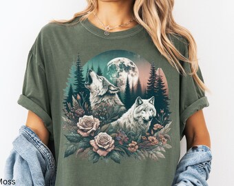 Wolf Pack Shirt, Comfort Colors, Floral Wolf, Vintage, Oversized Shirt, Wolf Lover Gift, Flowers, Dark Academia, Mystical White Wolf