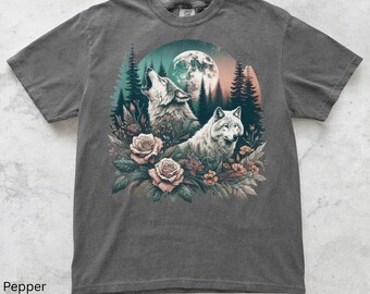 Wolf Pack Shirt, Comfort Colors, Floral Wolf, Vintage, Oversized Shirt, Wolf Lover Gift, Flowers, Dark Academia, Mystical White Wolf