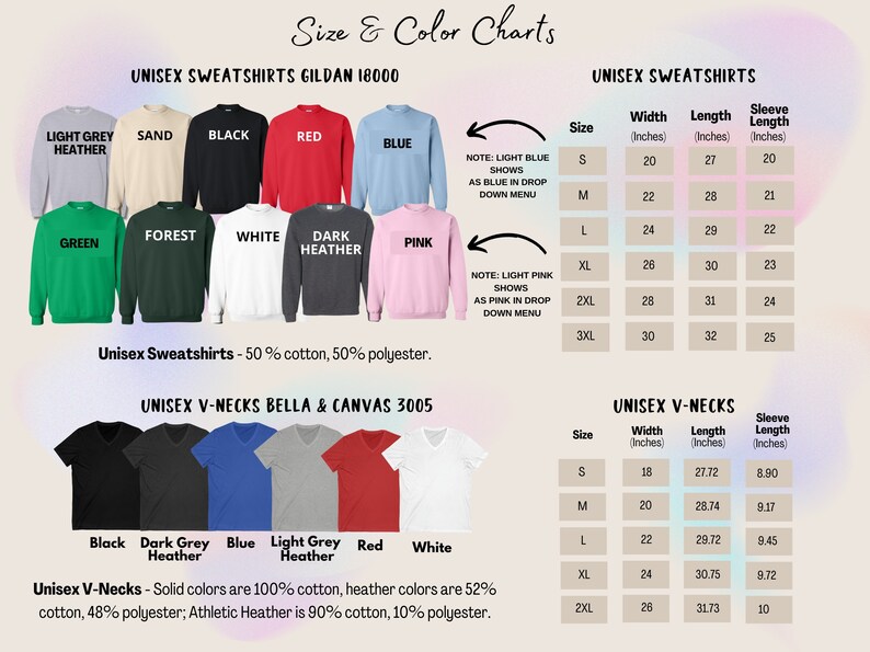 May include: Size and color charts for unisex sweatshirts and V-necks. The sweatshirts are available in various colors, including black, red, and blue. The V-necks come in black, dark grey heather, blue, light grey heather, red, and white. Measurements are in inches.