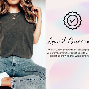 May include: A black and white illustration of a checkmark inside a circle with a wavy pink and blue background. The text "Love it Guarantee♡" is written in black cursive. The text below reads "We are 100% committed to making you happy! If you aren't completely satisfied with your purchase, just let us know and we will refund your order!"