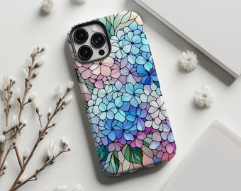 Hydrangea Stained Glass Phone Case, Tough Phone Case, Wildflower Iphone Case, iPhone 16 Pro Case, 15, 14, 13, 12 Mini, 11, 8