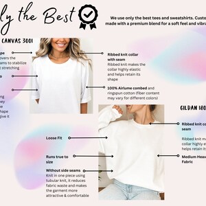 May include: White Bella & Canvas 3001 t-shirt and Gildan 18000 sweatshirt. The image highlights features like shoulder tape, side seams, and ribbed knit collars. Text states the apparel uses a premium blend for soft feel and vibrant graphics.