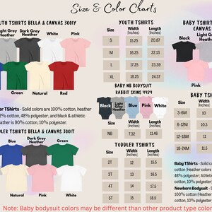 May include: Size and color charts for youth, toddler, and baby t-shirts and bodysuits. Includes color swatches in various colors like black, blue, pink, and white. Measurements are provided in inches for different sizes.